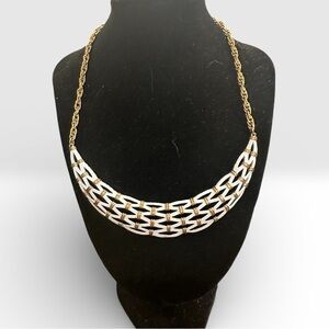 Vintage Signed Trifari White Enamel & Gold Tone Mid Century Statement Necklace